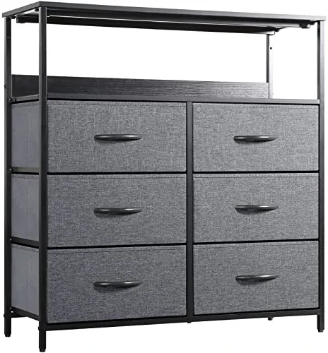 LYNCOHOME Dresser for Bedroom 6 Drawer Dresser with Shelves Fabric Dresser for Closet, Living Room TV Stand Office Sturdy Steel Frame Wooden Top(Gray)