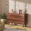 LYNSOM Dresser for Bedroom, Mid Century Modern Dresser with 6 Wide Drawers and Metal Handles, Wood Storage Chest of Drawers for Living Room Hallway Entryway, Walnut