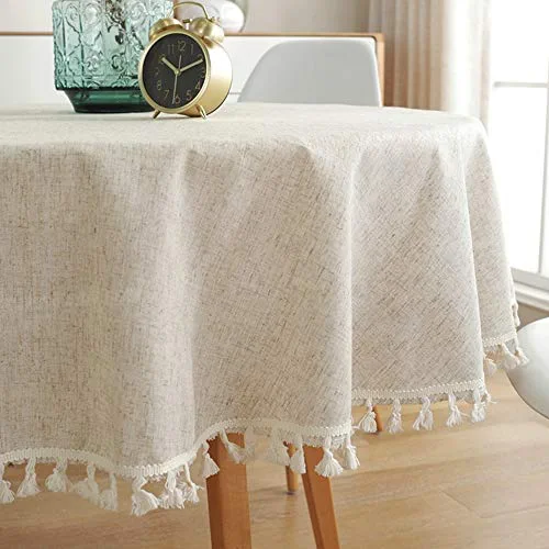 Lahome Solid Color Tassel Tablecloth - Cotton Linen Round Table Cover Kitchen Dining Room Restaurant Party Decoration (Round - 60", Linen)