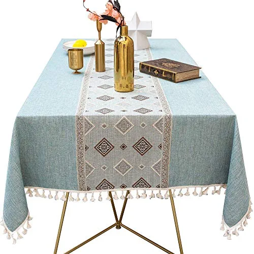 Lamberia Cotton Linen Tablecloths for Rectangle Tables Heavyweight Burlap Table Cover for Kitchen Dinning Tabletop Decoration (Cyan Diamond, 55"x55")