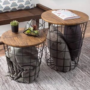 Lavish Home End Storage – Nesting Wire Basket Base and Wood Tops – Industrial Farmhouse Style Side Table Set of 2, Brown