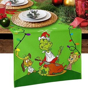 Linen Green Hair Monster Christmas Table Runner,Kitchen Dining Table Runner Decoration,Winter Holiday Mantel Decoration,Christmas Party Decoration 13.8x71 Inch