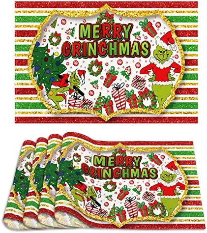 Linen Grinch Placemats Set of 4 Merry Grinchmas Table Mats Grinch Christmas Decorations and Supplies for Home Kitchen Table-12×18''