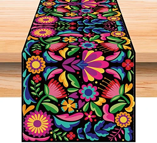 Linen Mexican Fiesta Table Runner 72 Inches Long Cinco De Mayo Tablecloth Dia De Los Muertos Decor Day of The Dead Decoration and Supplies for Home