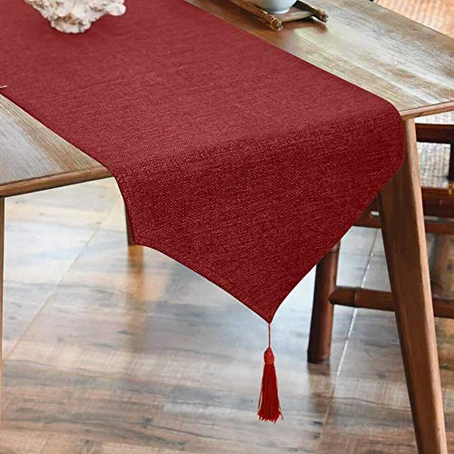 Linen Table Runner Washable Waterproof Table Runners Wipeable Home Decoration Tablecover for Dining Room Kitchen - Red 35x180