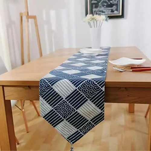 Linen Table Runners 72 inches long Navy Blue, Asian Decor, Coffee Table Runner, Japanese Plaid Style Table Decor for Kitchen, Party, Dining Room Decorations, Figurine