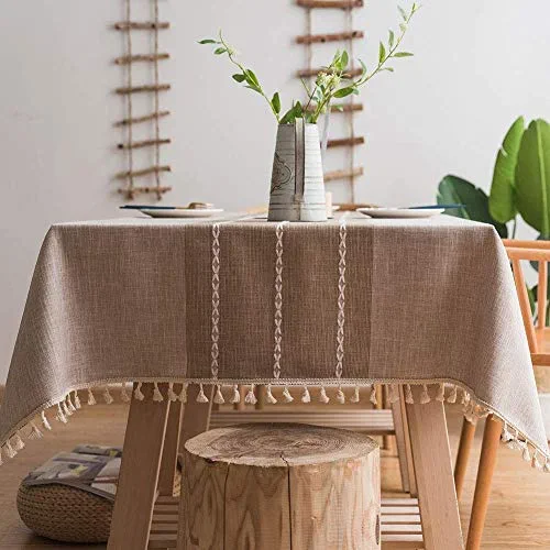 Lipo Waterproof Tablecloth Embroidery Burlap Linen with Tassel - Heavy Duty Wrinkle Free Rectangle Table Cloth for 6 Foot Tables Rustic Farmhouse Tablecloths for Outdoor Party Kitchen 55x86 Coffee