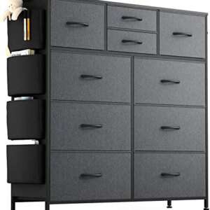 Lulive 10 Drawer Dresser, Chest of Drawers for Bedroom with Side Pockets and Hooks, Fabric Storage Dresser, Sturdy Steel Frame, Wood Top, Organizer Unit for Nursery, Hallway, Closet (Dark Grey)