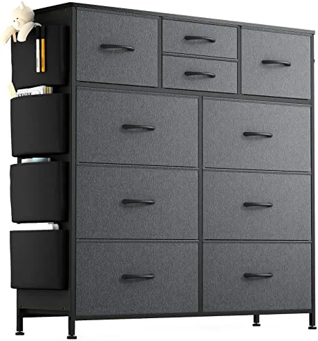 Lulive 10 Drawer Dresser, Chest of Drawers for Bedroom with Side Pockets and Hooks, Fabric Storage Dresser, Sturdy Steel Frame, Wood Top, Organizer Unit for Nursery, Hallway, Closet (Dark Grey)