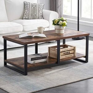 MHAOSEHU Industrial Coffee Table for Living Room, Sturdy Wood and Metal Cocktail Table with Open Storage Shelf, 47 inch Rustic Brown