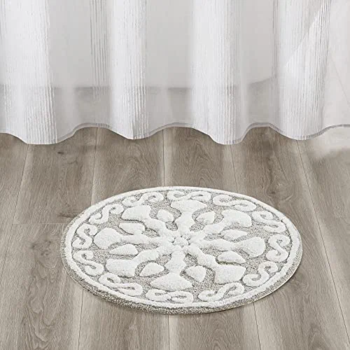 Madison Park Casablanca 100% Cotton Tufted Bathroom Rugs Luxurious Plush Medallion Floral Pattern Bath Mat Absorbent, Quick Dry, Spa Design Shower Room Décor, Round 25", Taupe