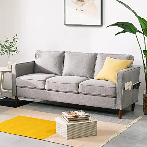 Mellow HANA Modern Linen Fabric Loveseat/Sofa/Couch with Armrest Pockets, Heather Grey