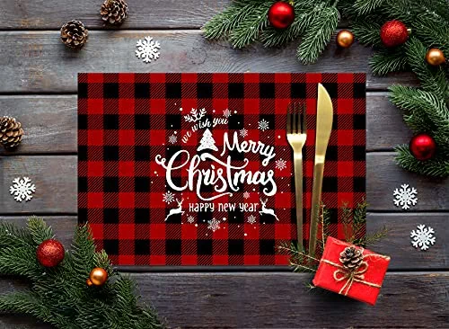 Merry Christmas Placemats 6pcs Table Mats Red Black Buffalo Tartan Plaid Washable Cotton Linen Dining Mat Sets for Kitchen Dinner Tables Winter White Elks Snowflakes