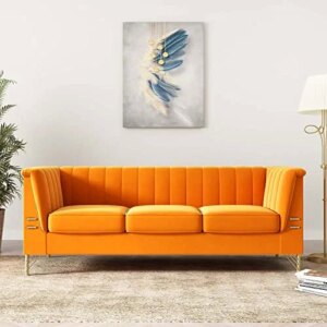 Modern Chesterfield Sofa, 83" Mid-Century Modern Sofa Velvet Tufted Sofa Couch with Flared Arms and Removable Cushions, Comfy Upholstered 3 Seater Couches for Living Room, Office, Orange