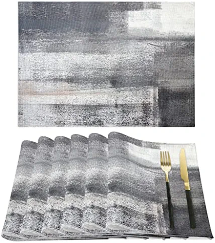 Modern Oil Painting Art Placemats, Light Grey Blue Abstract Artwork Linen Dining Placemats Cafe Placemats 18 x 12 Inches, Washable Table Mats for Home Kitchen Decorations (6 Pcs)