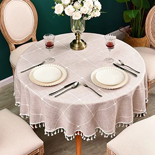 Monibana Plaid Round Tablecloth 60 Inch Cotton Linen Round Table Cloth Heavy Weight Coffee Table Cover for Farmhouse Kitchen Dining Restaurant Home Tabletop Decor