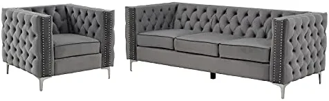 Morden Fort Modern 2 Pieces of Chair and Sofa Couch Set with Dutch Velvet Grey, Iron Legs.