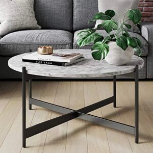 Nathan James Piper Faux White Marble Round Modern Living Accent Side or Coffee, Sofa Center Table for Dining Room/Tea with Metal Frame, Black