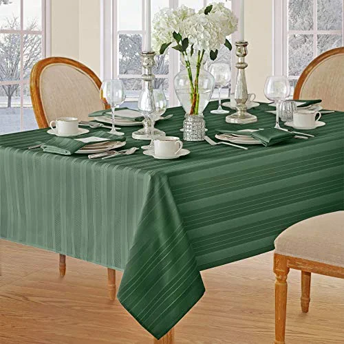 Newbridge Christmas Satin Stripe No-Iron Soil Resistant Fabric Holiday Tablecloth - 52 X 52 Square, Hunter Green