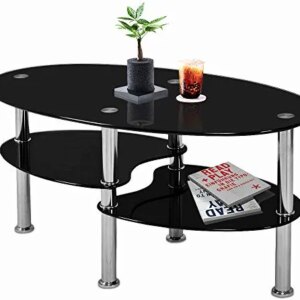 Nidouillet 3 Tier Tempered Glass Table with Glass Shelves and Stainless Steel Legs, Oval-Shaped Coffee Table Living Room Home Furniture 35.4" x 19.7" x17.7 (L x W x H)- Black AB026