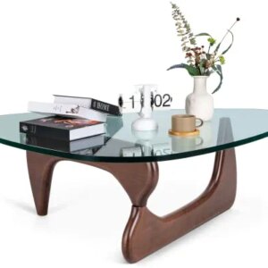 Noguchi Table Triangle Glass Coffee Table Vintage Glass End Table, Solid Wood Base and Triangle Clear Glass Top Modern End Table for Living Room, Patio, Study