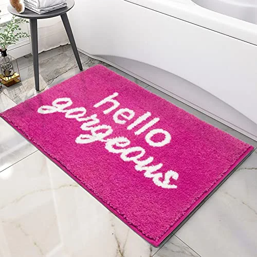 Nymphia Pink Bathroom Rugs Hello Gorgeous Bath Mat for Bathroom Non Slip Soft Microfiber Cute Bath Rug Preppy Bathroom Decor, 20x31 Inch, Hot Pink