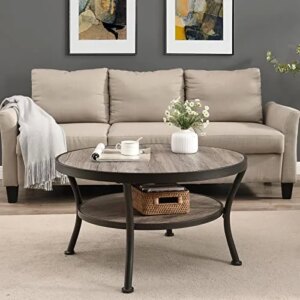 O&K FURNITURE Rustic Round Coffee Table for Living Room, Industrial Coffee Table with Storage Open Shelf, Gray-Brown