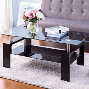 POULEII Black Highlight Glass Top Coffee Table with Black Metal Legs, for Living Room, Bedroom and Dining Room, All Black