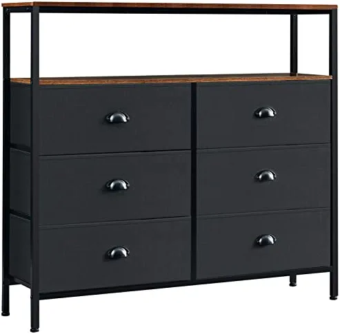 PRAISUN Larger Dresser for Bedroom, Entertainment Center for 55 inch TV, 6 Drawers Dresser with Shelves, Chest of Drawers for Living Room, Hallway, Closets and Nursery - Black