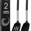 Pack of 2 Large Silicone Cooking Spatulas, BPA Free Stainless Steel Kitchen Utensils for Baking, Frying, Stir-Fry, Non-Stick Non-Scratch Heat Resistant Slotted and Solid Spoonula (Black)