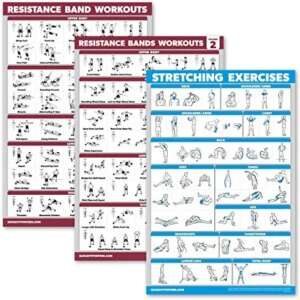 Palace Learning 3 Pack: Resistance Bands Workouts Volume 1 & 2 + Stretching Exercises Poster Set - Set of 3 Workout Charts