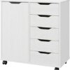 Panana 5-Drawer Chest with 1 Door, Wooden Chest of Drawers Storage Dresser Cabinet with Wheels, Office Organization and Storage, Bedroom Furniture