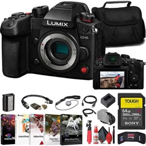 Panasonic Lumix GH6 Mirrorless Camera (DC-GH6BODY) + Sony 64GB Tough SD Card + Card Reader + Corel Photo Software + Case + Flex Tripod + Hand Strap + Memory Wallet + Cap Keeper + More (Renewed)