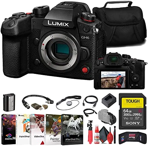 Panasonic Lumix GH6 Mirrorless Camera (DC-GH6BODY) + Sony 64GB Tough SD Card + Card Reader + Corel Photo Software + Case + Flex Tripod + Hand Strap + Memory Wallet + Cap Keeper + More (Renewed)