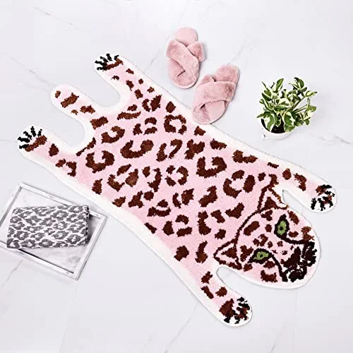 Panstar Cute Pink Leopard Bath Mat for Bathroom, Cute Cartoon Bath Mat Non Slip Animals Shaped Absorbent Bathtub Rug Bathroom Plush Shower Rugs