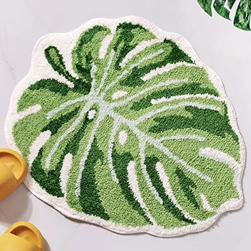 Panstar Green Leaf Mat, Large Monstera Cute Bath Mat Non Slip Palm Shaped Bathtub Rug Kitchen Bathroom Plush Fun Bathroom Rugs Machine Washable