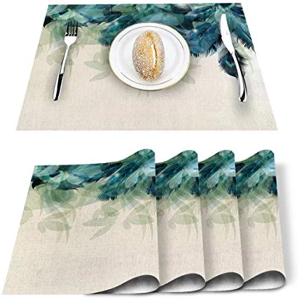 Peacock Feather Placemats Set of 4 for Dining Table Washable Burlap Linen Placemat Non-Slip Heat Tolerant Kitchen Table Mats Easy to Clean Teal Blue Turquoise Floral Green Leaf