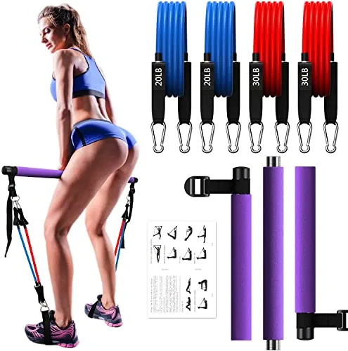 Pilates Bar, Sportneer Yoga Pilates Flexbands Kit with 4 Resistance Bands: Portable 3-Section Pilates Stick, Exercise Fitness Equipment with Foot Strap & Handle for Full Body Shaping, Home Gym Workout