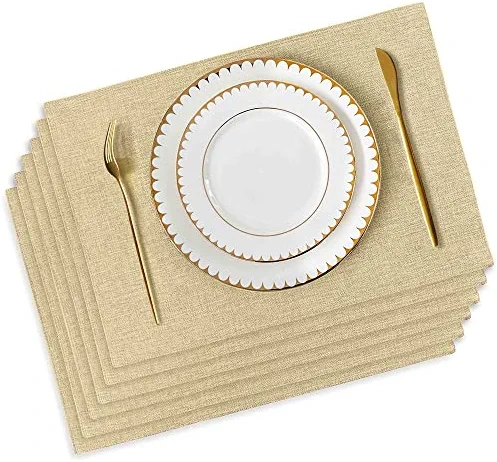 Placemats Set of 6, Place Mats Heat Resistant Dining Table, Saviki Washable Kitchen Table, Cotton Linen, 13x19 inch Cloth Placemats for Indoors & Outdoors with Double Layer(Light Linen)