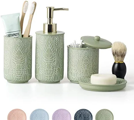 Premium Pastel Green Bathroom Accessories Set. Green Bathroom Set. Boho Bathroom Decor. Accesorios para Baños. New Apartment Essentials. Green Toothbrush Holder and Soap Dispenser.