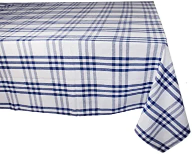 PurpleEssences - Homestead Plaid Check Tablecloth - 100% Cotton - Perfect for Everyday Use or Family Dinners or Indoor or Outdoor Parties (60" x 104", Blue White)