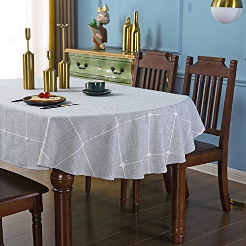 QsyyHome Lattice Oval Tablecloth Rustic Embroidery Cotton Linen Fabric Grey Checkered Table Cover Tablecloths for Kitchen Dining Party Tabletop Decoration 60 x 84 inches