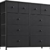 REAHOME 10 Drawer Dresser for Bedroom Fabric Storage Tower Wide Black Dresser with Wood Top Sturdy Steel Frame Storage Organizer Unit for Living Room Hallway Entryway Closets Nursery (Black Grey)