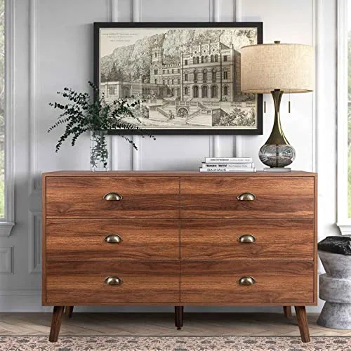 REHOOPEX 6 Drawer Dresser for Bedroom, Walnut Dresser with Chest of Drawers, Wood Storage Dresser with Wide Drawers for Closet, Entryway, Hallway, Living Room