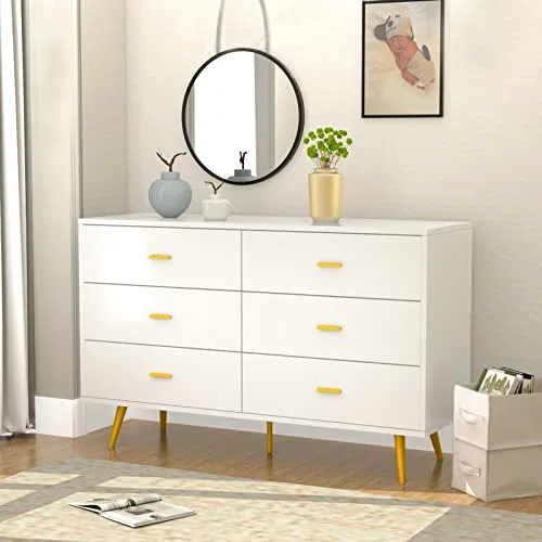 RESOM White Dresser for Bedroom, 6 Drawer Double Dresser with Metal Handles, Modern Design, White and Gold Dresser for Closet Hallway,Bedroom