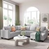 RUNWON 110 Inch Living Room Sectional Furniture Set Upholstered Modern English Arm Classic U-Shaped Sofa 3 Pillows Included, Light Gray