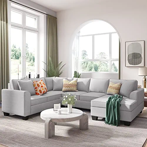 RUNWON 110 Inch Living Room Sectional Furniture Set Upholstered Modern English Arm Classic U-Shaped Sofa 3 Pillows Included, Light Gray