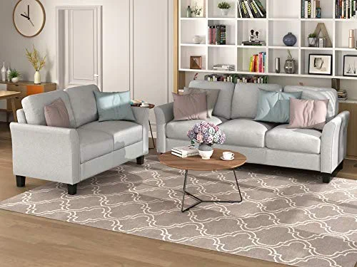 RUNWON 2 Piece Modern Fabric Sectional Furniture Set with 3-Seater Sofa, Loveseat for Home and Office Living Room, Light Gray