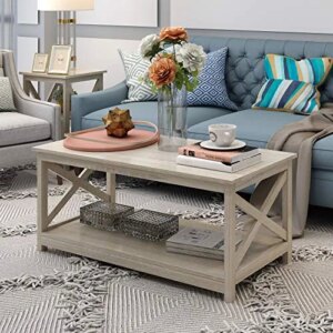 Rainbow Sophia Coffee Table, Modern Farmhouse Wood Coffee Table with 2-Tier Storage, 40 Inch, White Oak