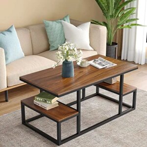 Raybee Modern Coffee Table with Wheels, Wooden Center Table with Storage Shelves, Cocktail Table with Metal Frame, Sturdy Tea Table for Living Room, Walnut End Table, Side Table, Rectangular